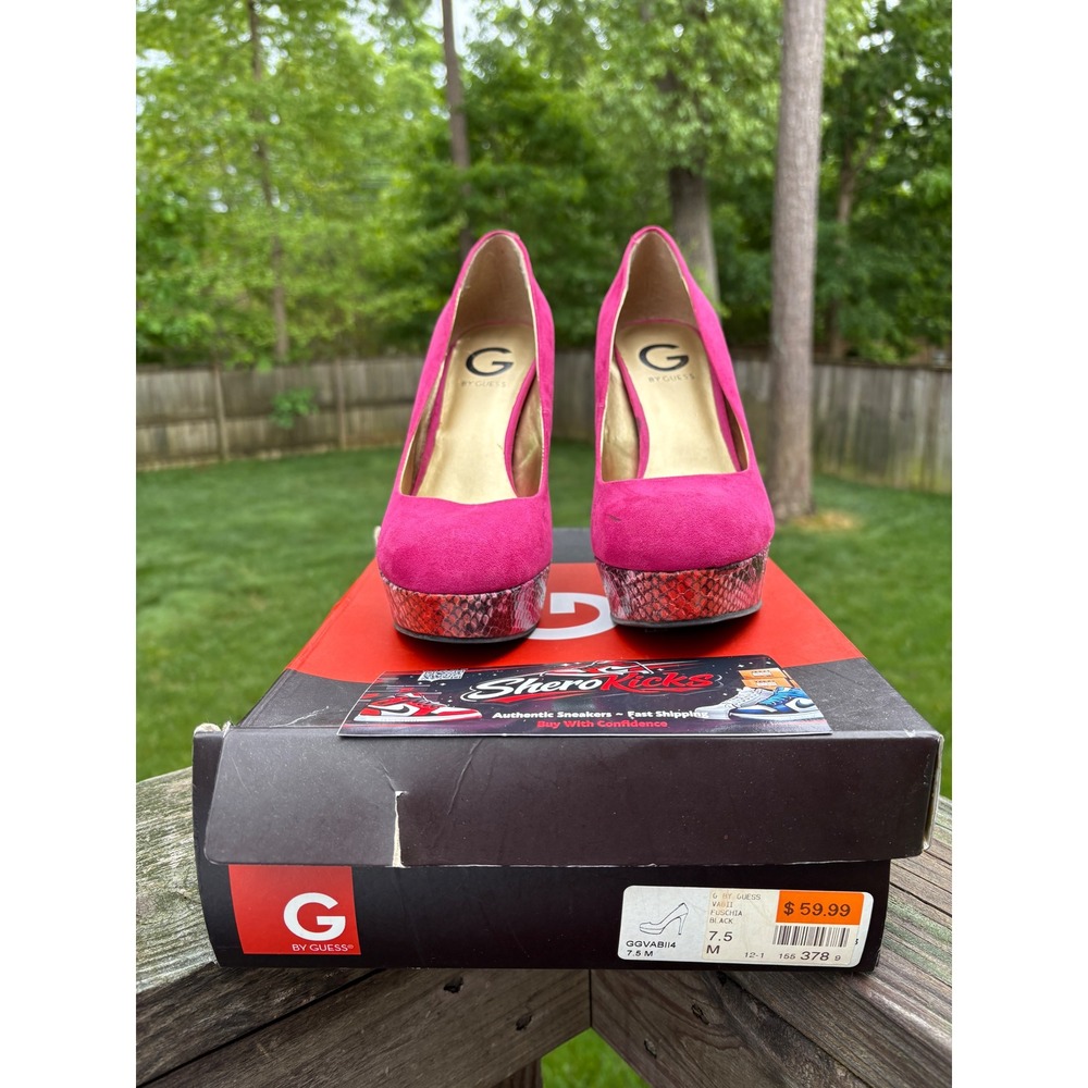 G by GUESS Vabii Fuchsia Pink‎ Platform Pumps Snakeskin Trim GGVABII4 Heels 7.5M